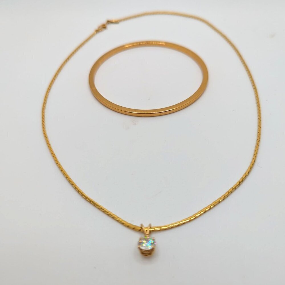 Monet Clear Crystal Rhinestone Pendant Chain Necklace Bracelet Set Gold Tone